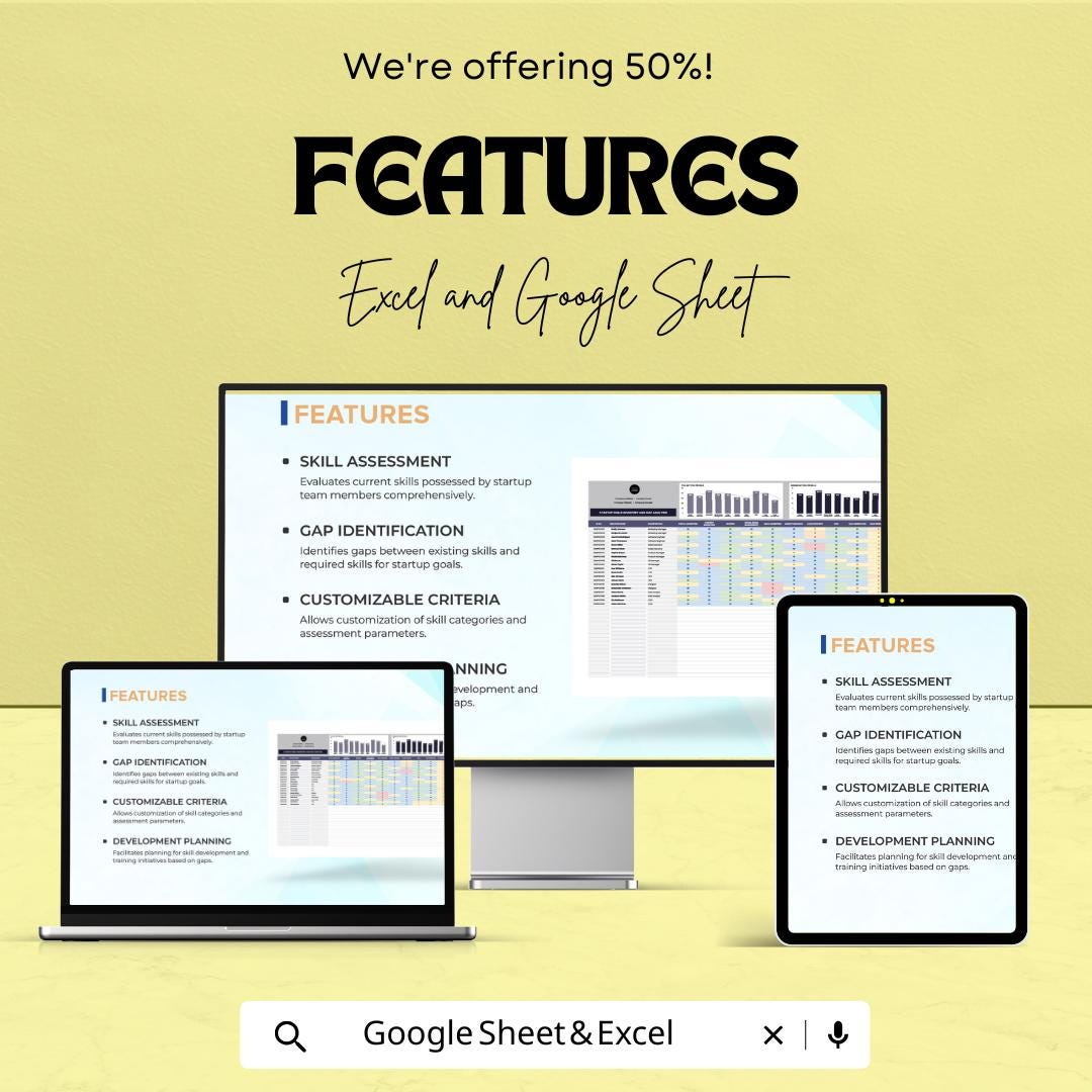 Startup Skills Inventory and Gap Analysis Sheet - Excel and Google Sheets Template for Team Assessment & Strategic Planning