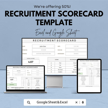 Recruitment Scorecard Template | Hiring Evaluation Scorecard | Candidate Assessment Spreadsheet |  Interview Rating Sheet