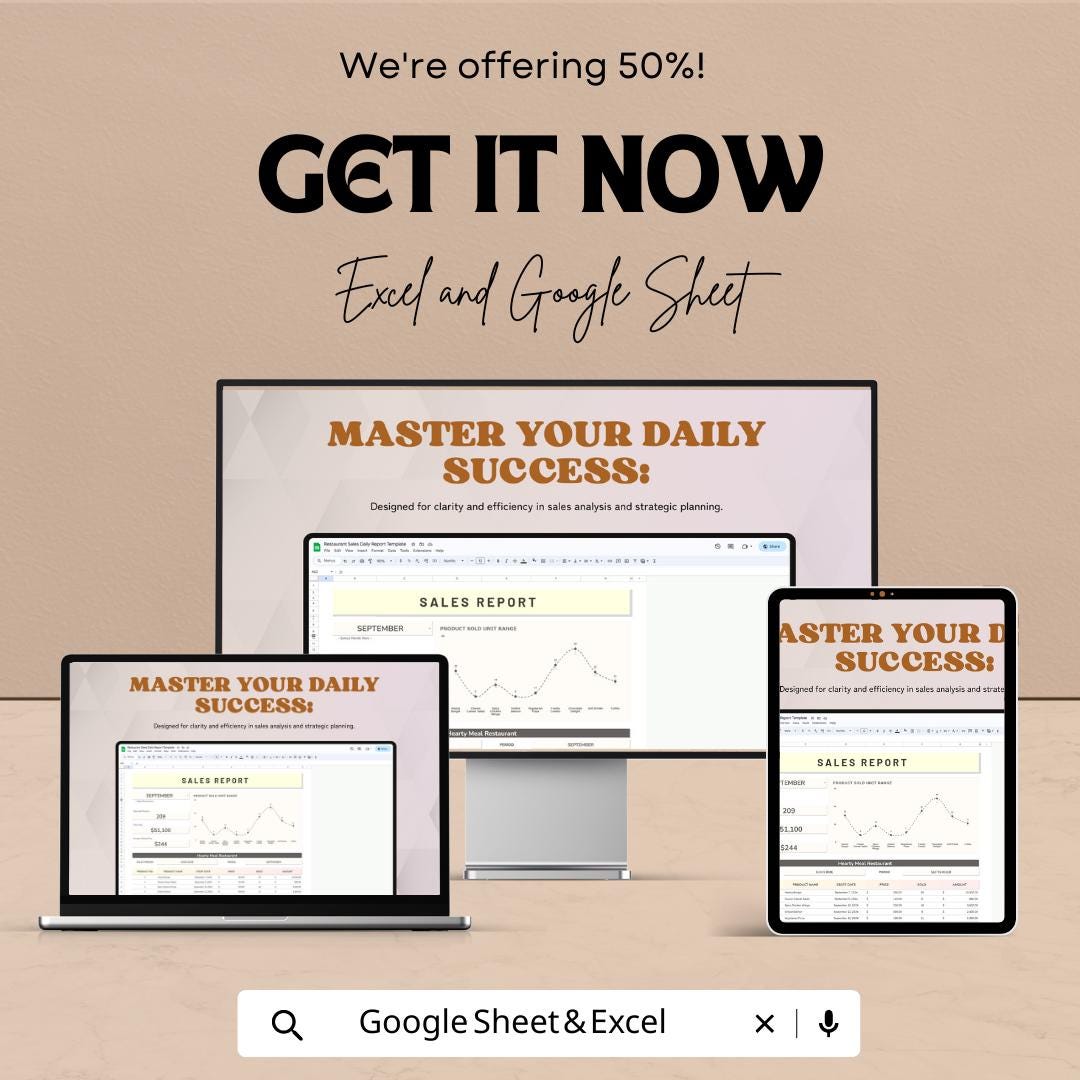 Restaurant Sales Daily Report Template | Daily Sales Tracker | Restaurant Revenue Report | POS Sales Summary Spreadsheet