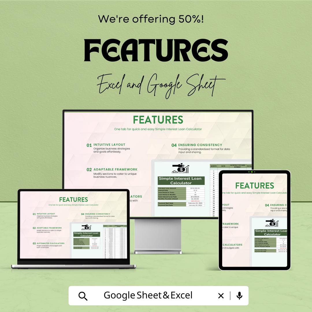 Simple Interest Loan Calculator Sheet | Excel & Google Sheets | Monthly Repayment Tracker | Loan Amortization Template