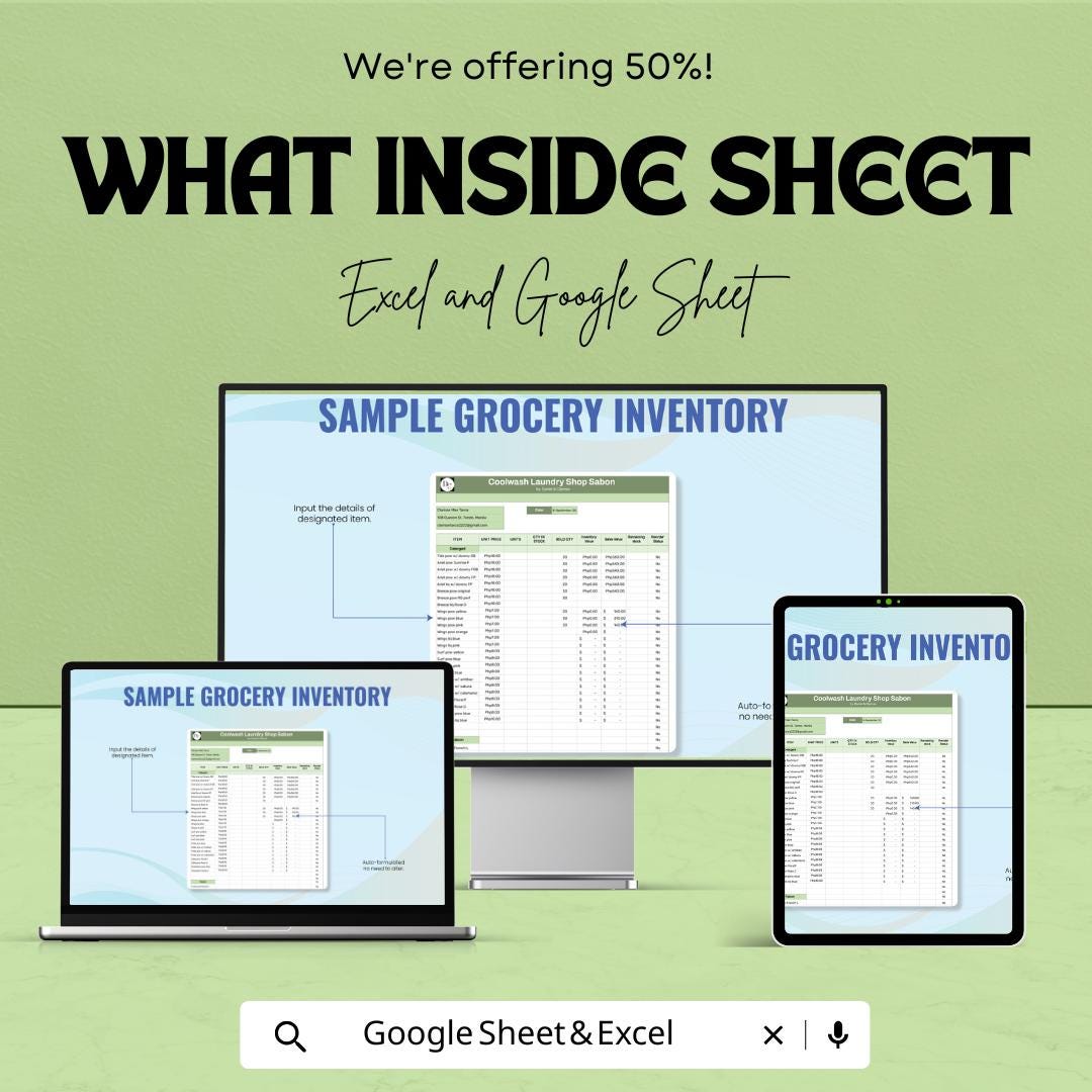 Sample Grocery Inventory Sheet - Excel & Google Sheets Template for Stock Management - Instant Download - 50% Off