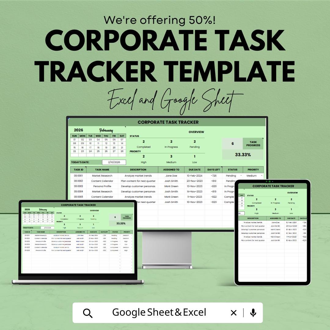 Corporate Task Tracker Template, Project Task Manager Spreadsheet, Team Task Planner, Work Tracker Excel, Google Sheets Task Management Tool