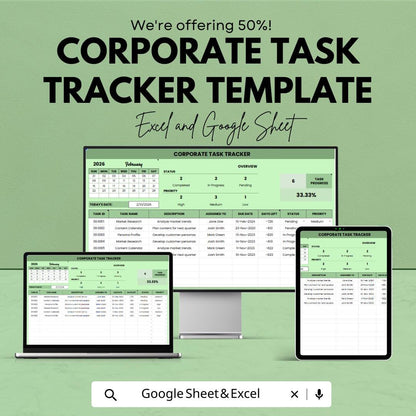 Corporate Task Tracker Template, Project Task Manager Spreadsheet, Team Task Planner, Work Tracker Excel, Google Sheets Task Management Tool