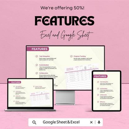 Action Plan Spreadsheet - Excel & Google Sheet Template for Task Management, Project Planning, Collaboration - 50% Off