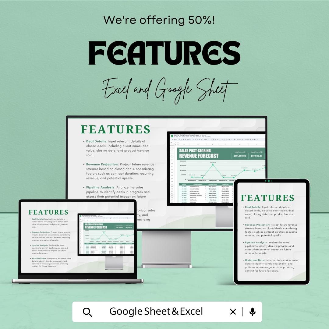 Sales Post-Closing Revenue Forecast Template | Revenue Projection Spreadsheet | Sales Forecast Tracker | Deal Revenue Planner
