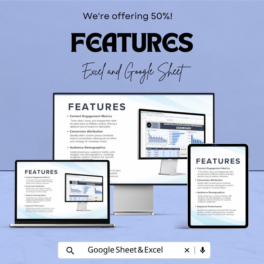 Marketing Affiliate Content Performance Dashboard | Track Clicks, Conversions and Revenue | Excel & Google Sheets | Digital Analytics Sheet