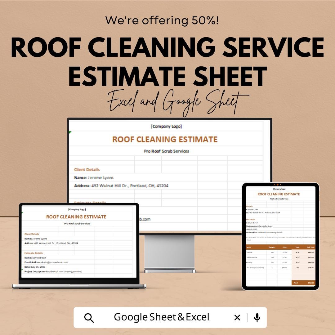 Roof Cleaning Service Estimate Sheet - Excel & Google Sheets Template for Roof Cleaning Quotes, Pricing Estimate Template