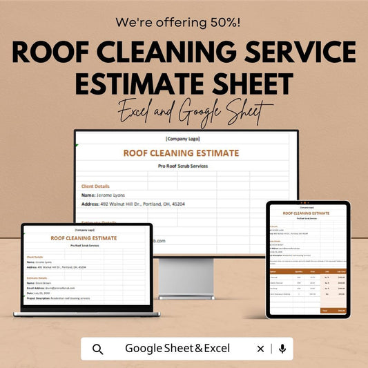Roof Cleaning Service Estimate Sheet - Excel & Google Sheets Template for Roof Cleaning Quotes, Pricing Estimate Template