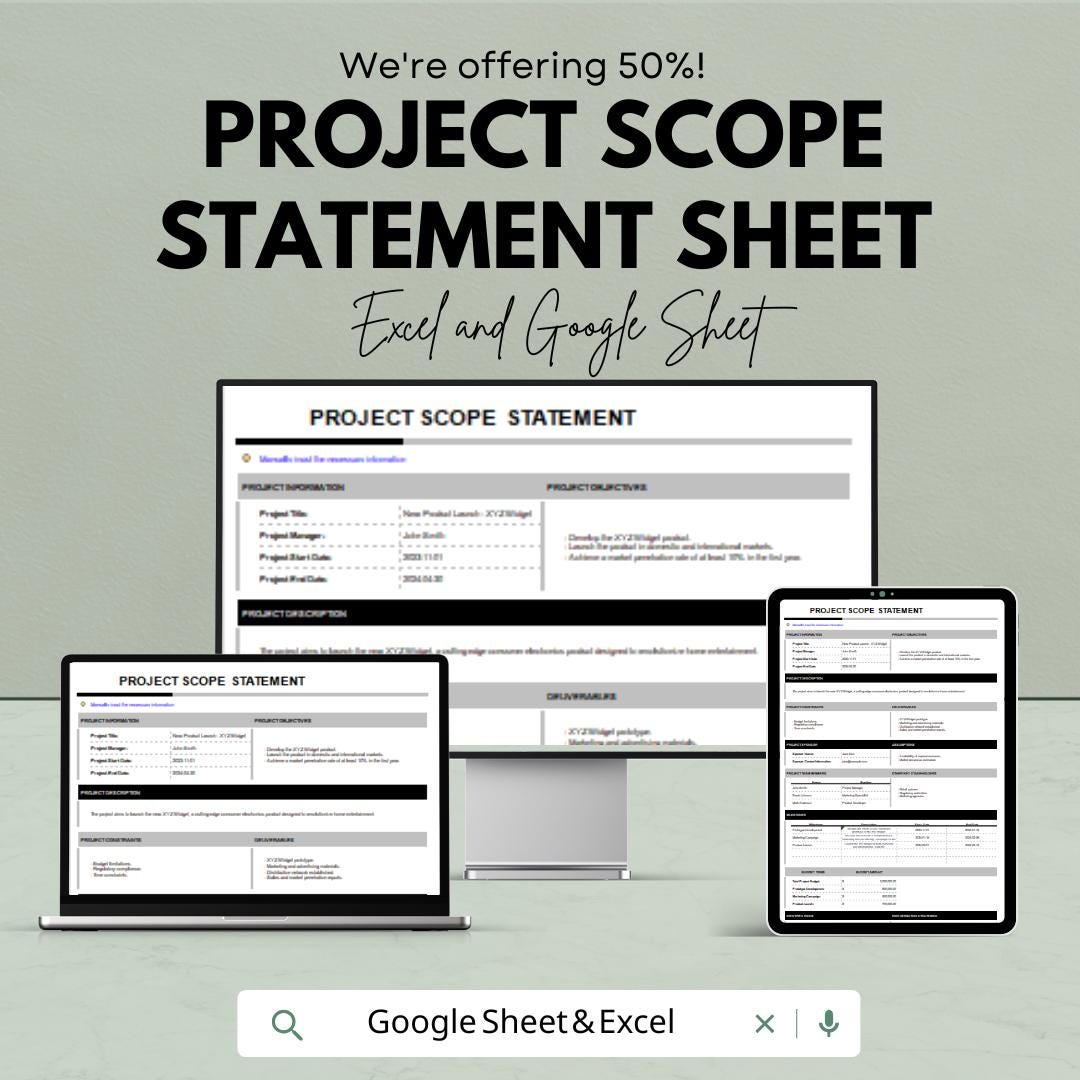 Project Scope Statement Sheet - Excel & Google Sheets Template for Project Management | Professional Planning Tool