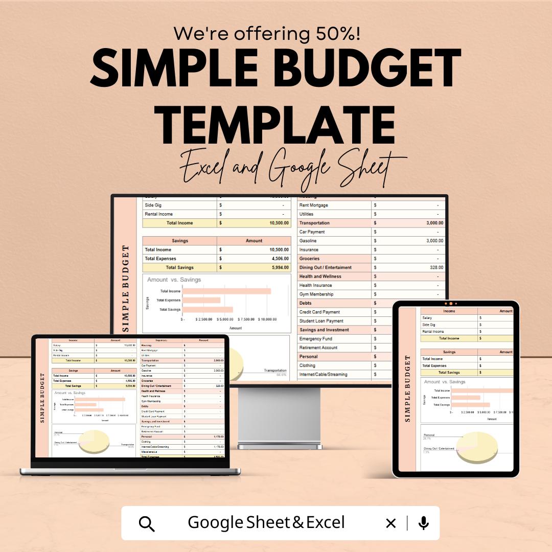 Simple Budget Template | Excel and Google Sheets | Monthly Expense Tracker | Personal Finance Planner | Income & Expense Spreadsheet