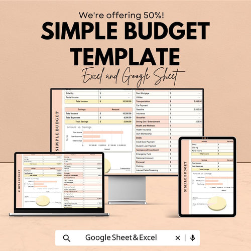 Simple Budget Template | Excel and Google Sheets | Monthly Expense Tracker | Personal Finance Planner | Income & Expense Spreadsheet