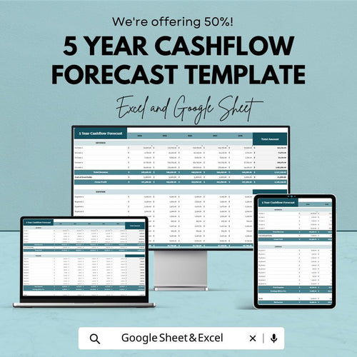 5 Year Cash Flow Forecast Template | Financial Projection Spreadsheet | Business Budget Planner | Excel and Google Sheets Cashflow Tracker