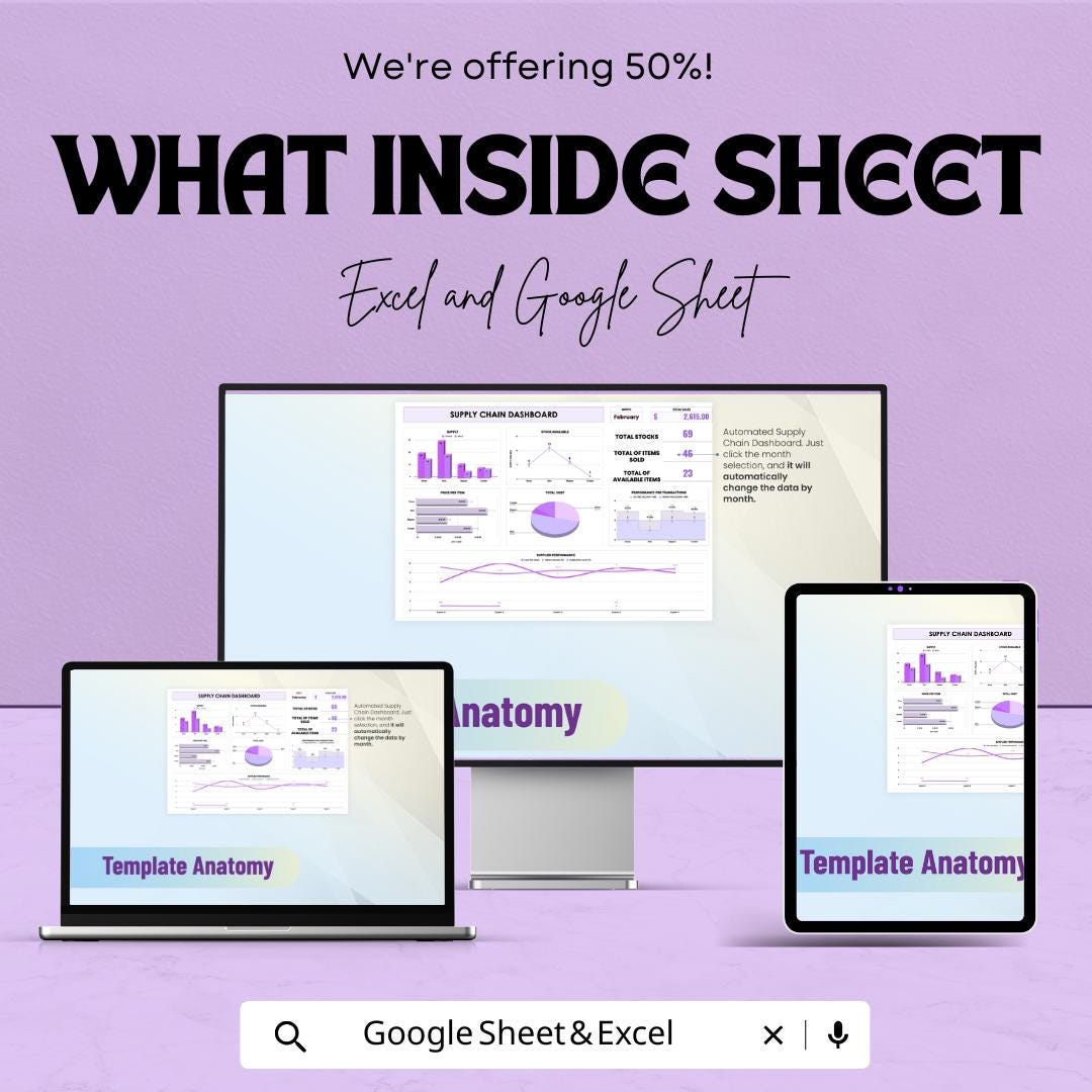 Supply Chain Dashboard Sheet | Excel & Google Sheets | Inventory KPI Tracker | Supplier Report | Logistics Metrics | Automated Charts
