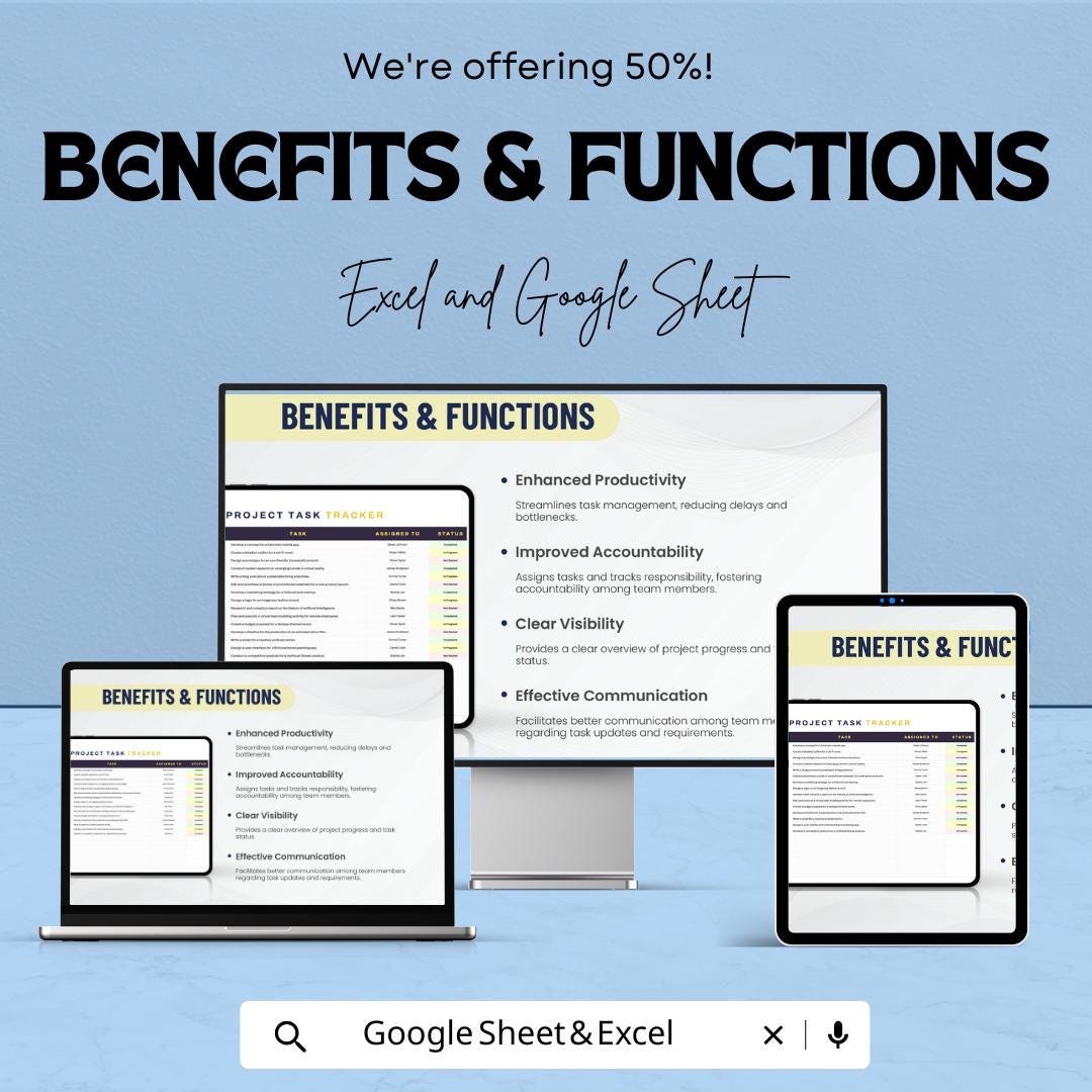 Project Task Tracker Template | Task Management Spreadsheet | Project Planner Sheets | Progress & Status Tracker