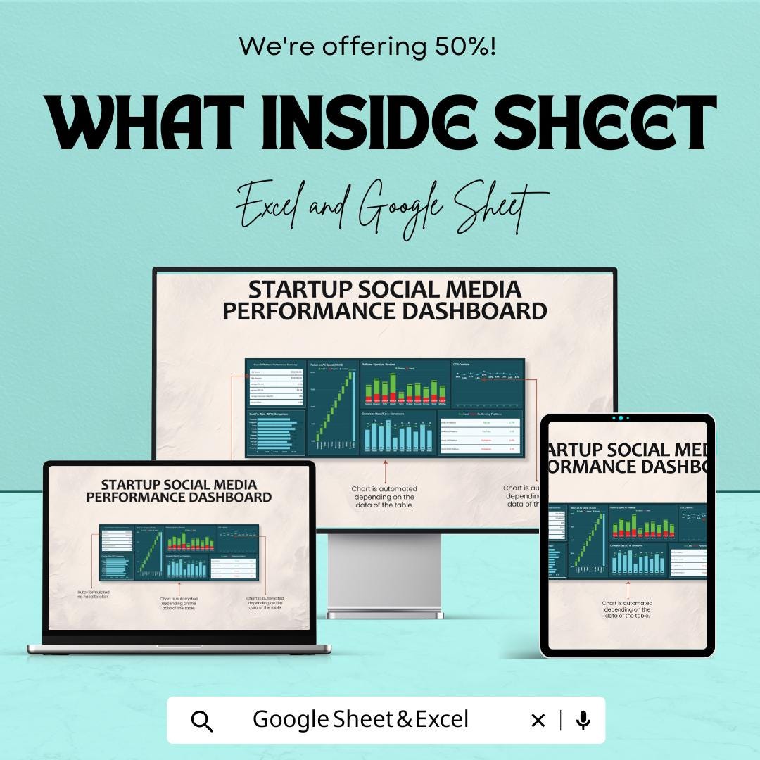 Startup Social Media Performance Dashboard Template | Social Media Analytics Spreadsheet | Marketing KPI Tracker | Excel and Google Sheets |