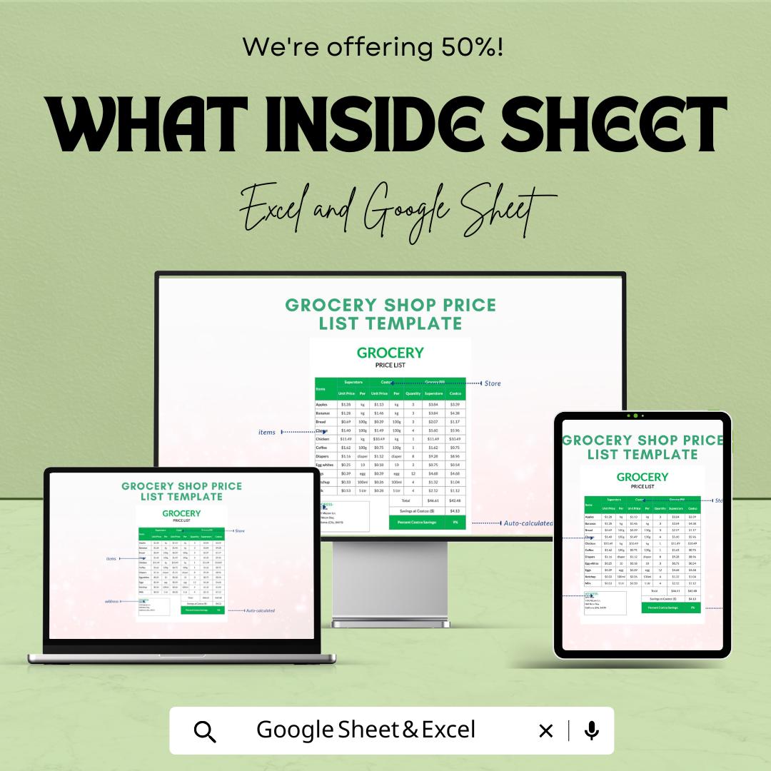 Grocery Shop Price List Sheet | Excel & Google Sheets | Product Pricing, Inventory Management Template