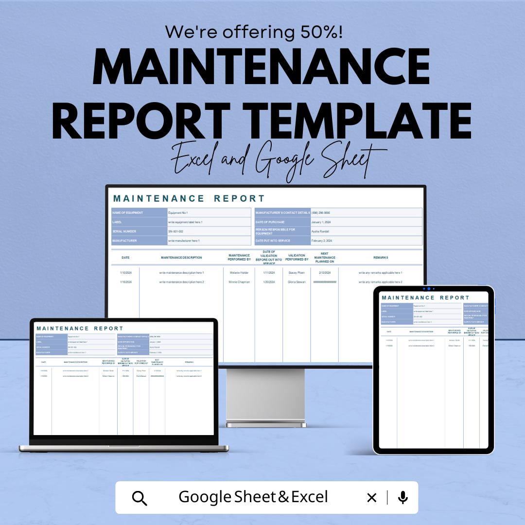 Maintenance Report Template | Equipment Maintenance Log | Work Order Record Spreadsheet | Facility Management Tool