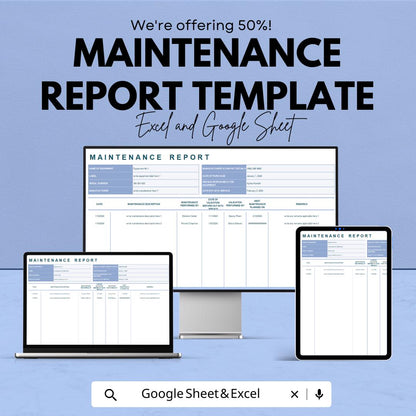 Maintenance Report Template | Equipment Maintenance Log | Work Order Record Spreadsheet | Facility Management Tool