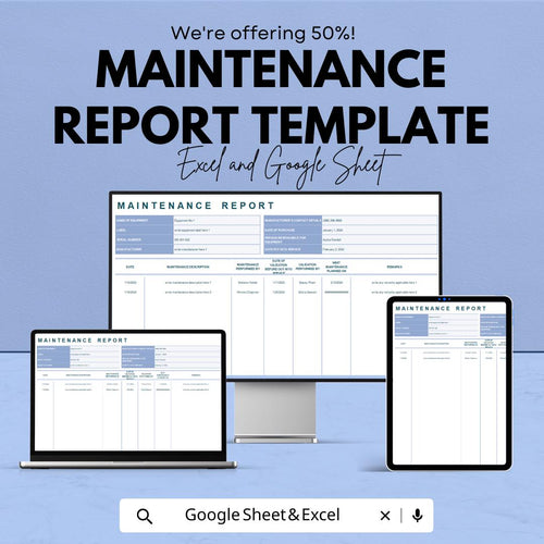 Maintenance Report Template | Equipment Maintenance Log | Work Order Record Spreadsheet | Facility Management Tool