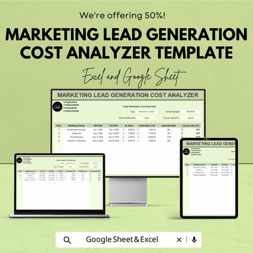 Marketing Lead Generation Cost Analyzer Template | Lead Cost Calculator | Lead Gen Budget Tracker | Marketing Cost Tracking Template
