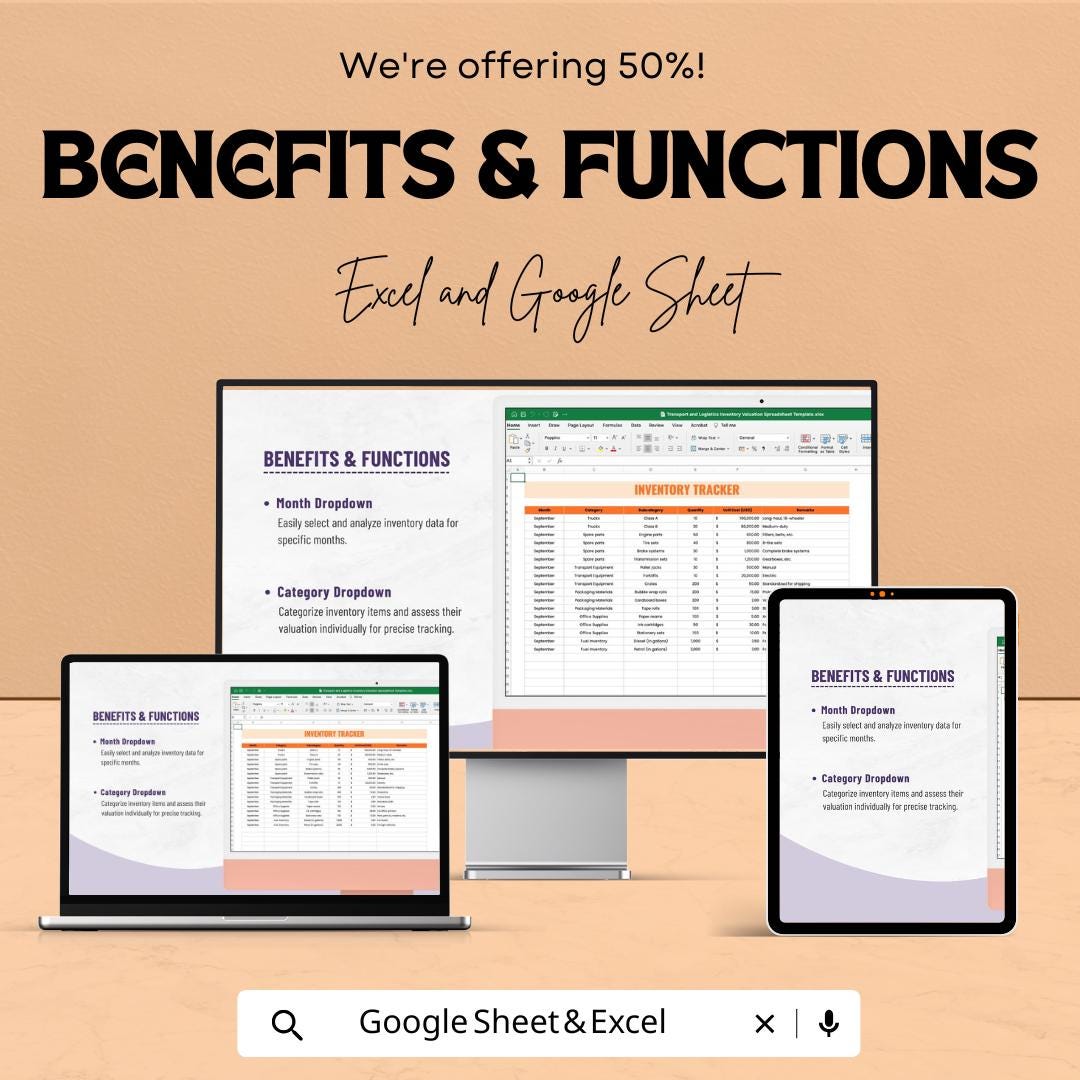Transport and Logistics Inventory Valuation Spreadsheet Template | Excel and Google Sheets | Inventory Tracker & Valuation Dashboard