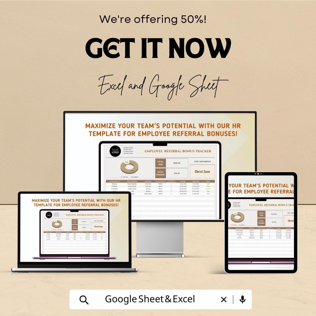 Employee Referral Bonus Tracker HR Template | Excel & Google Sheets | Employee Referral Program Tracker | Hiring Bonus Tracking Tool