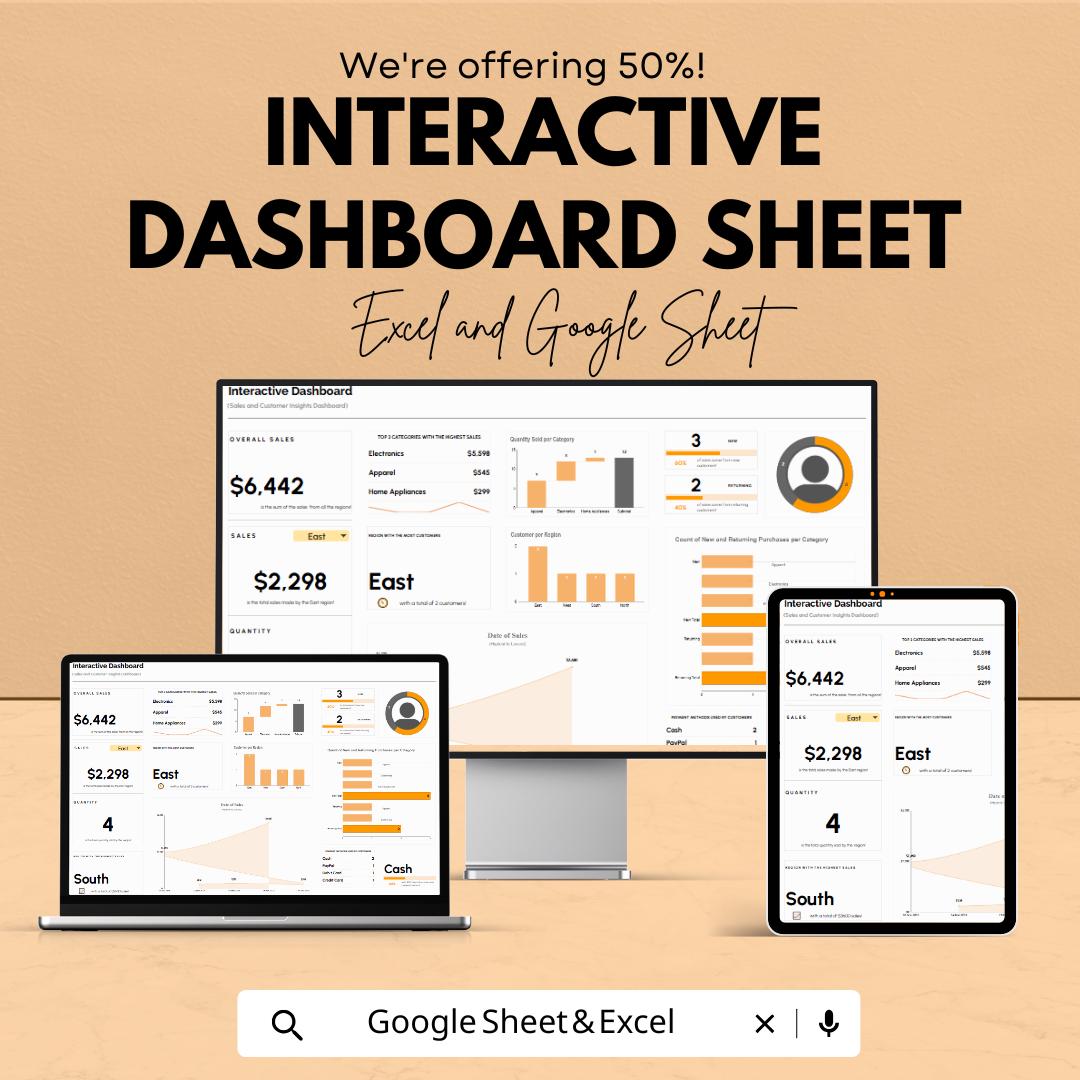 Interactive Dashboard Sheet | Excel and Google Sheets | Sales and KPI Report Tracker | Business Data Visualization Template |