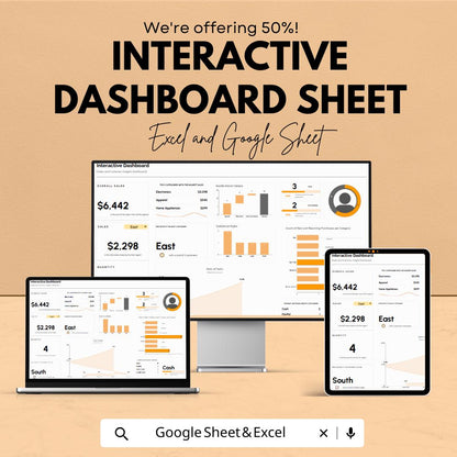 Interactive Dashboard Sheet | Excel and Google Sheets | Sales and KPI Report Tracker | Business Data Visualization Template |