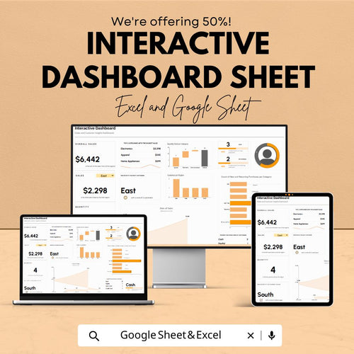 Interactive Dashboard Sheet | Excel and Google Sheets | Sales and KPI Report Tracker | Business Data Visualization Template |