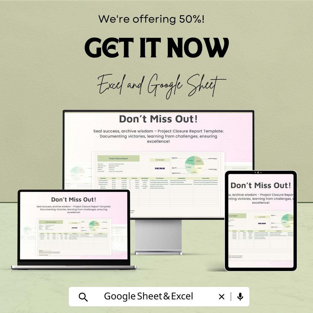 Project Closure Report Sheet | Excel and Google Sheet Template | Project Management Tool | Track Project Outcomes & Closure