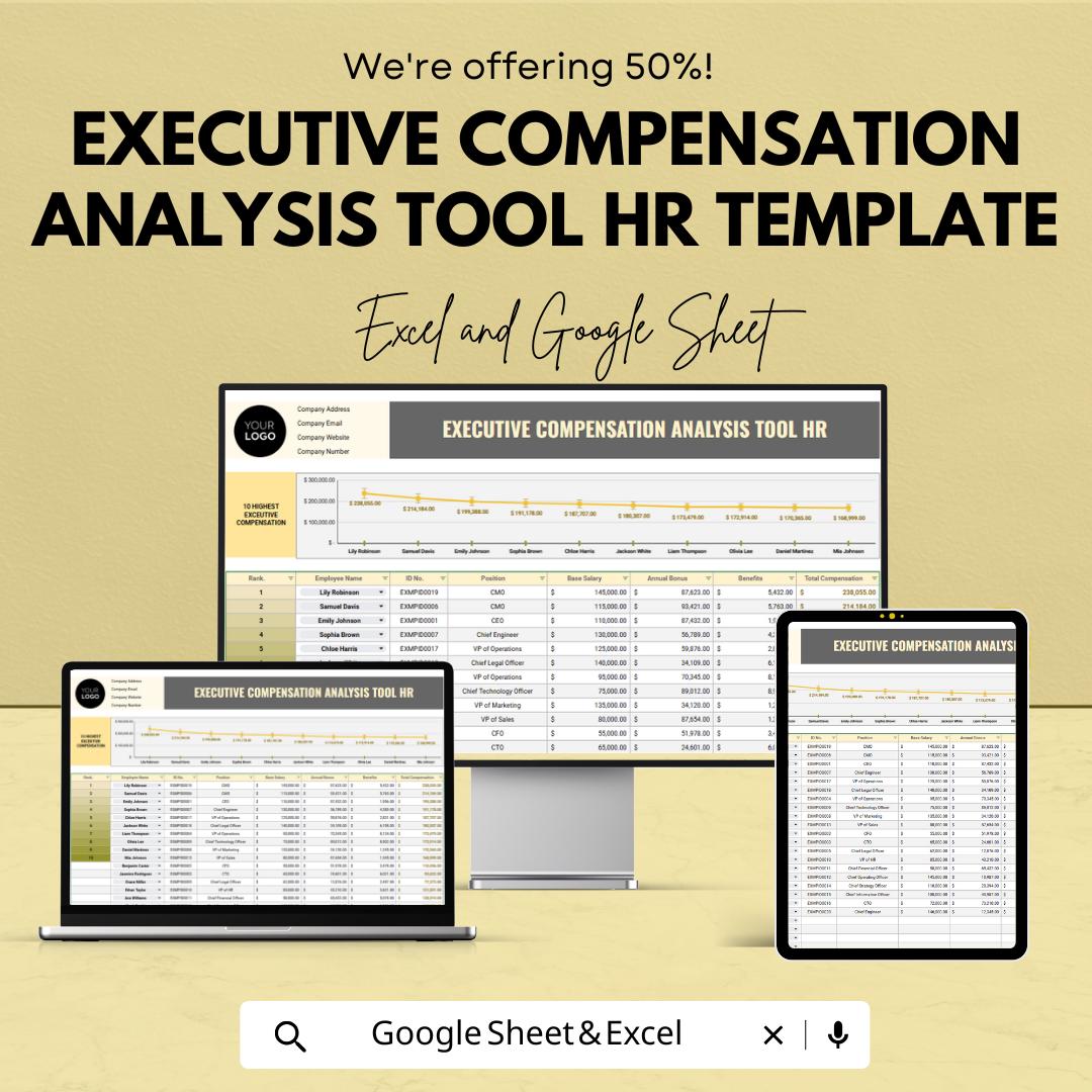 Executive Compensation Analysis Tool HR Template | Executive Pay Analysis | Salary Benchmarking Dashboard | Excel and Google Sheets