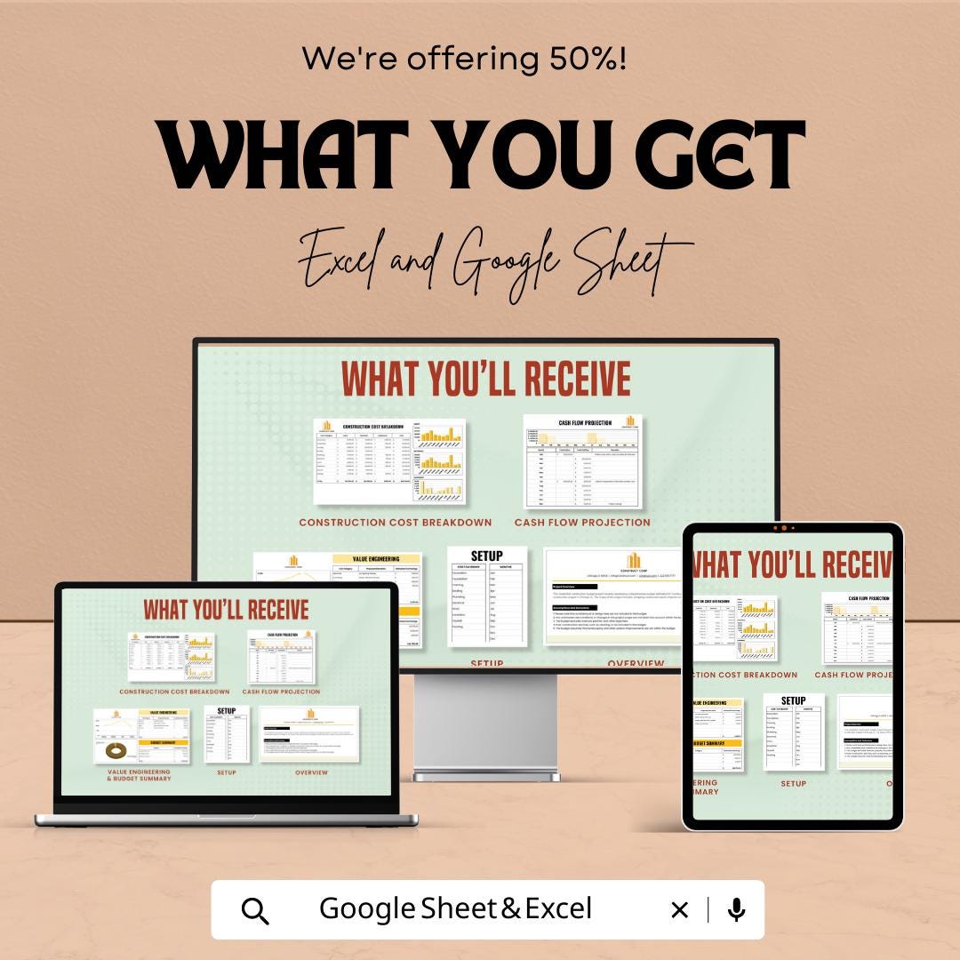 Construction Cost Breakdown Template  | Construction Budget Spreadsheet | Project Cost Estimator | Contractor Budget Planner