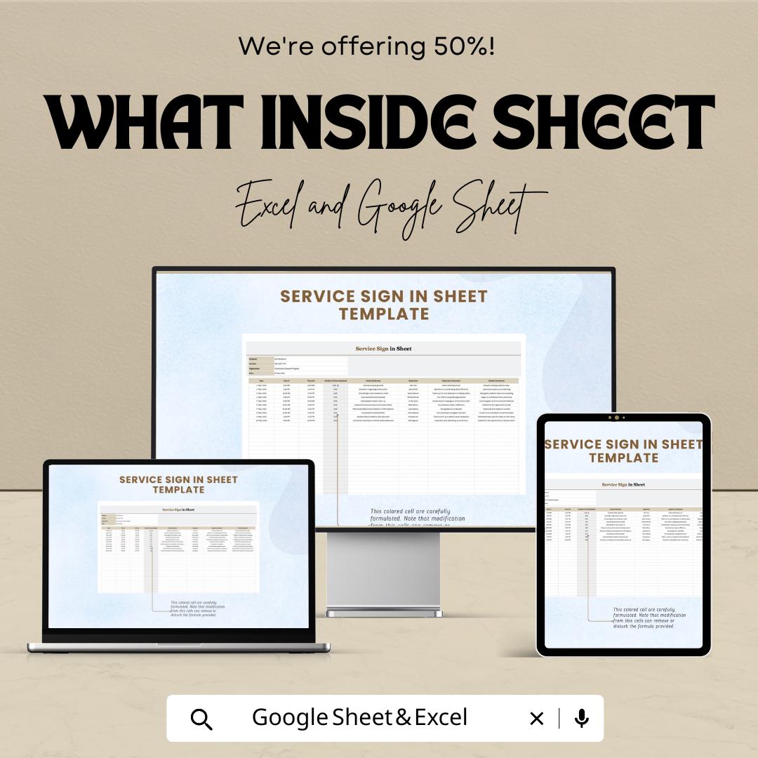 Service Sign In Sheet - Excel and Google Sheets Template | Track Attendance & Service Activities | Service Provider Sign-in Sheet |