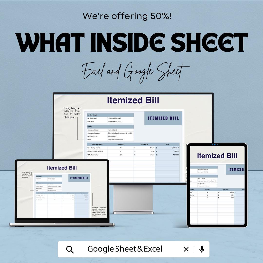 Itemized Bill Template Excel Google Sheets | Invoice Template Spreadsheet | Billing Tracker | Business Invoice Template | Digital Bill