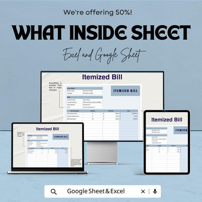 Itemized Bill Template Excel Google Sheets | Invoice Template Spreadsheet | Billing Tracker | Business Invoice Template | Digital Bill