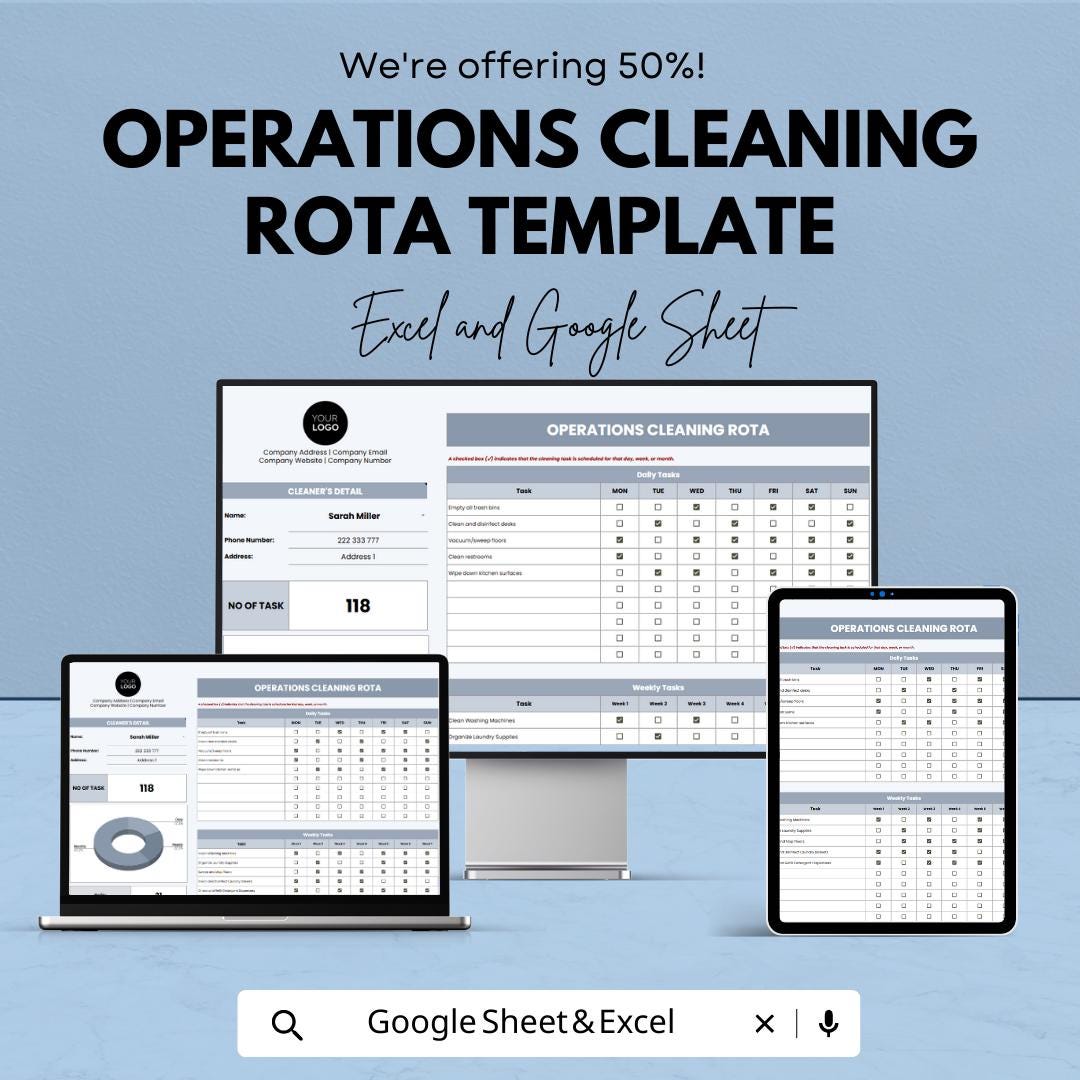 Cleaning Rota Template | Cleaning Schedule Spreadsheet | Staff Cleaning Checklist | Excel & Google Sheets Cleaning Planner