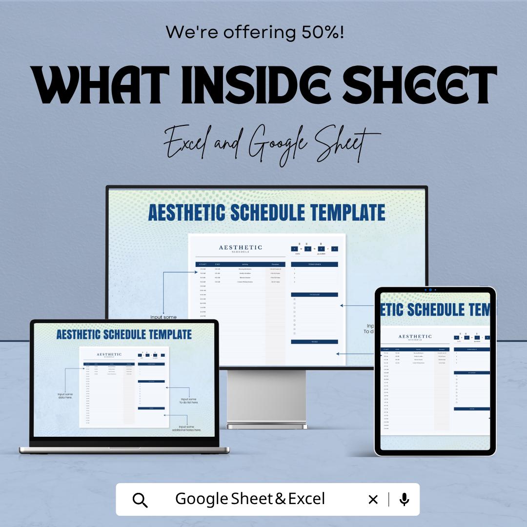 Aesthetic Schedule Template | Daily Planner Spreadsheet | Excel & Google Sheets Schedule | Productivity Planner Template |