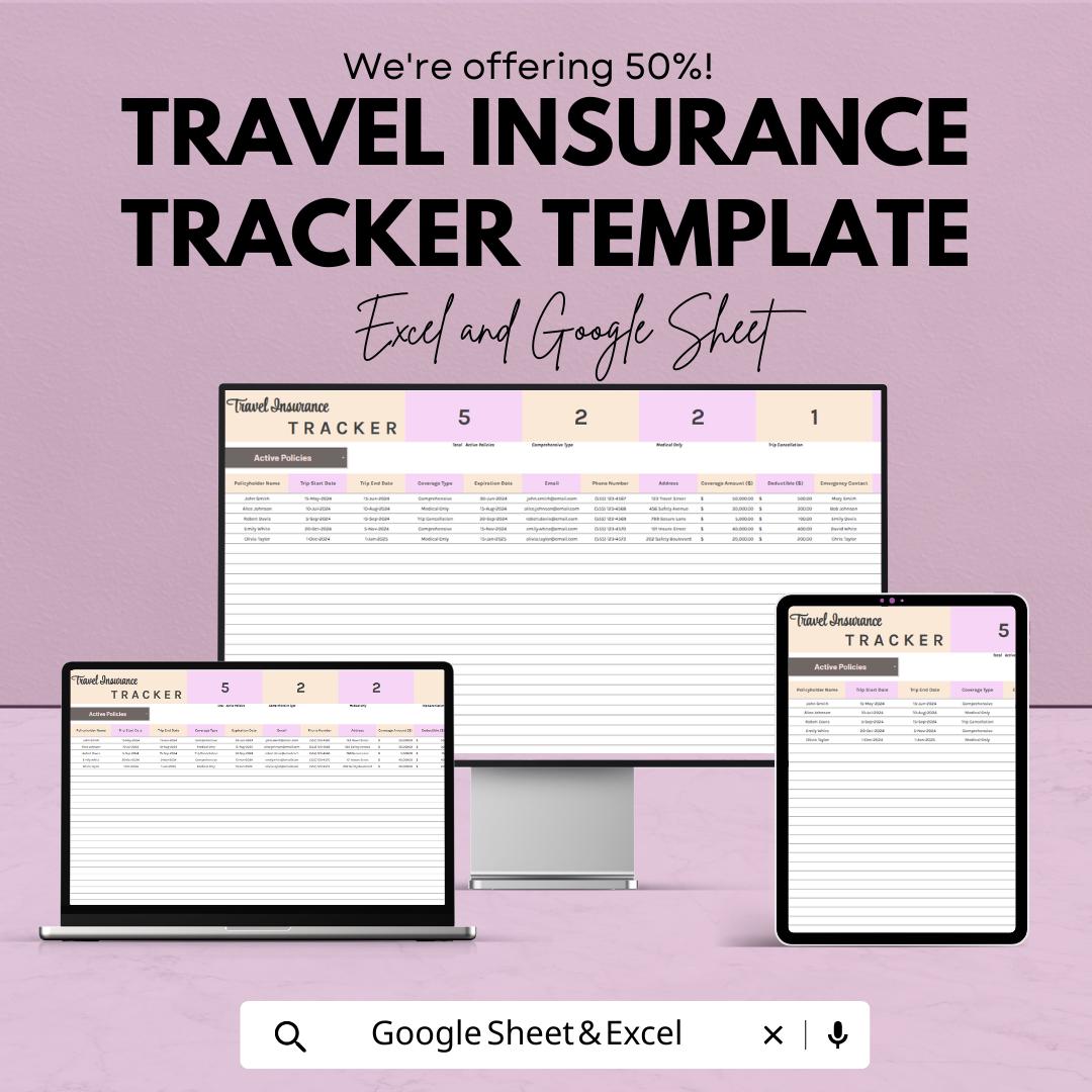 Travel Insurance Tracker Template | Insurance Policy Management Spreadsheet |Google Sheets Travel Coverage Log | Policy Renewal Tracker