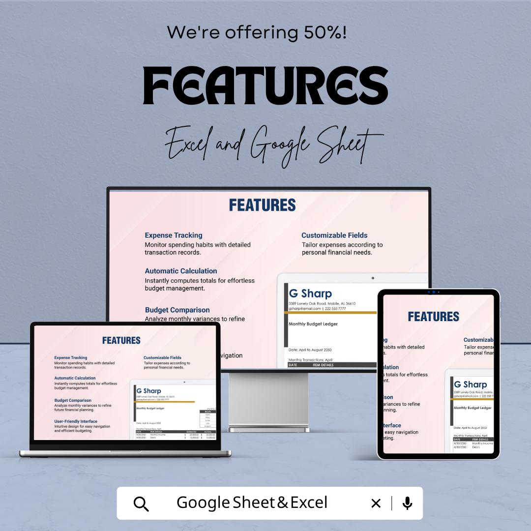 Monthly Budget Ledger Template | Budget Spreadsheet | Expense Tracker Sheet | Personal Finance Planner
