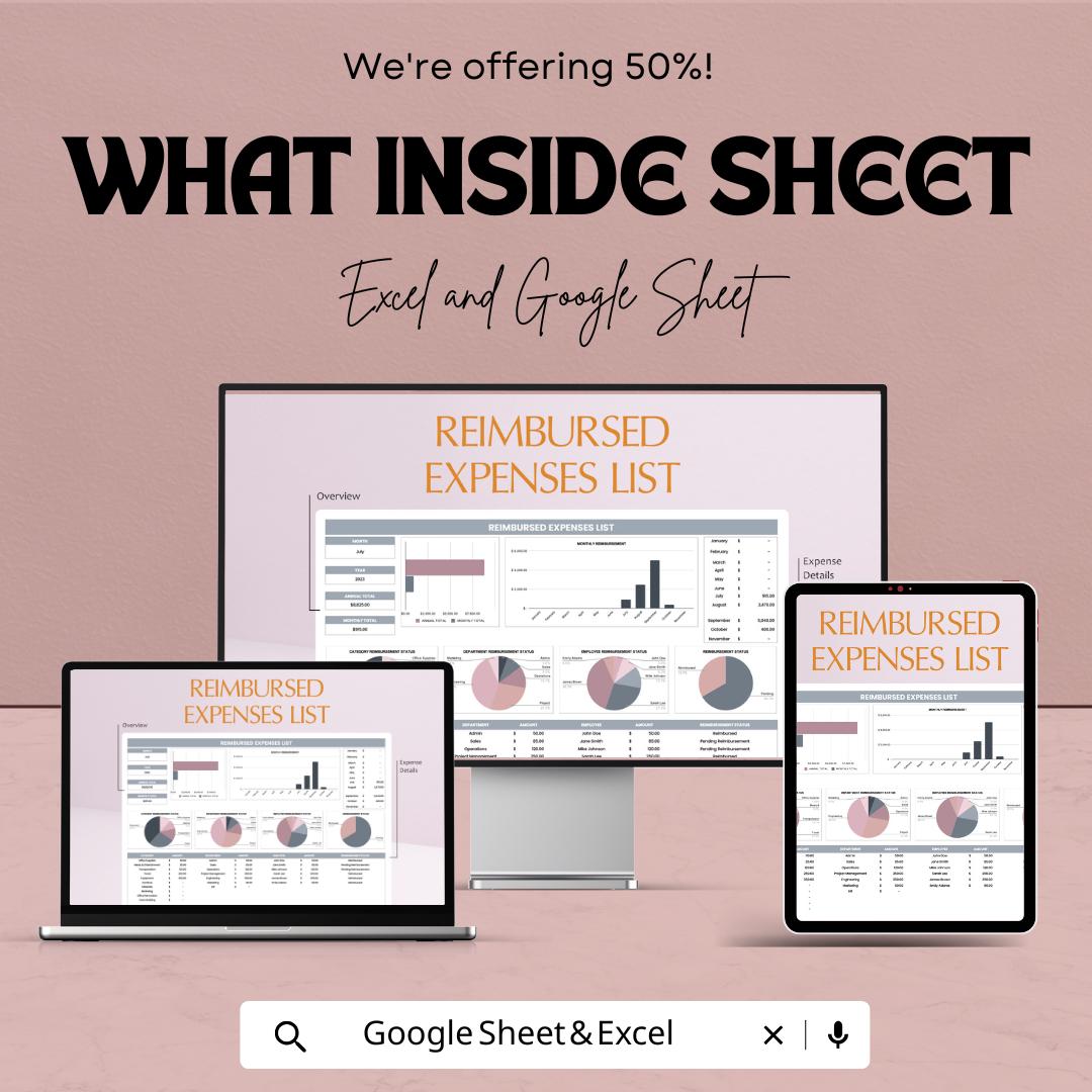 Reimbursed Expenses List Sheet | Google Sheets & Excel Reimbursement Tracker | Business Expense Log | Automated Expense Sheet