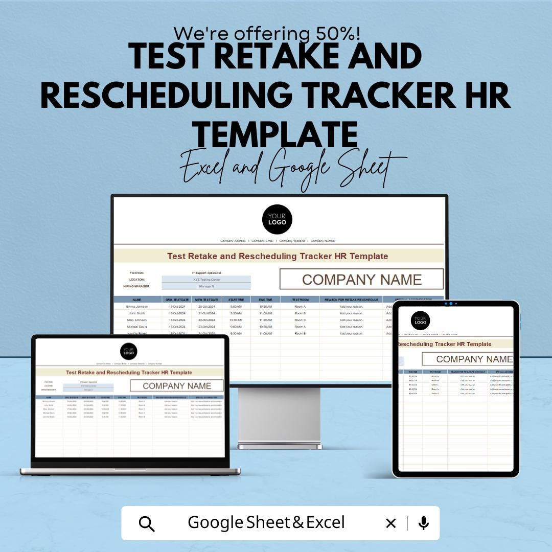 Test Retake and Rescheduling Tracker HR Template | Employee Assessment Tracker | Exam Retake Log | HR Scheduling Spreadsheet