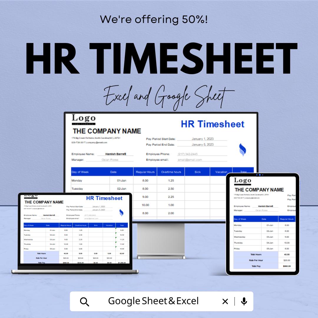 HR Timesheet Template for Excel & Google Sheets - Employee Time Tracker, Payroll Record, Customizable Work Log