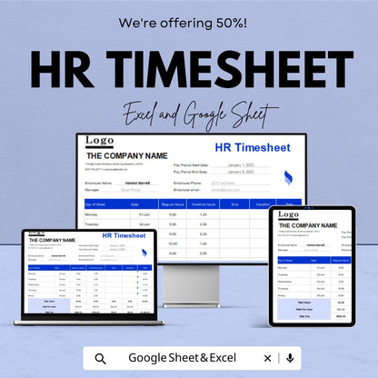 HR Timesheet Template for Excel & Google Sheets - Employee Time Tracker, Payroll Record, Customizable Work Log