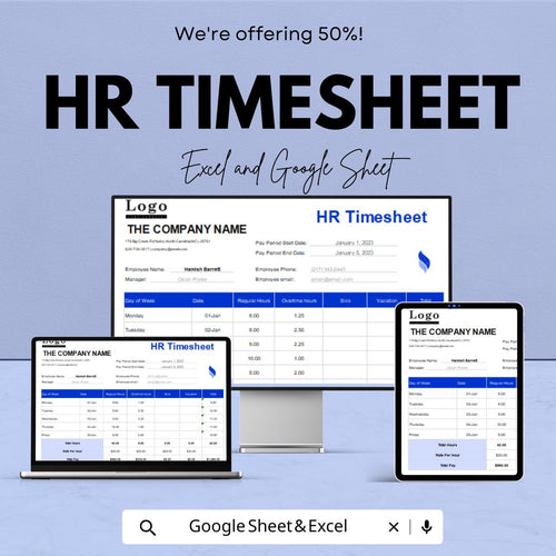 HR Timesheet Template for Excel & Google Sheets - Employee Time Tracker, Payroll Record, Customizable Work Log