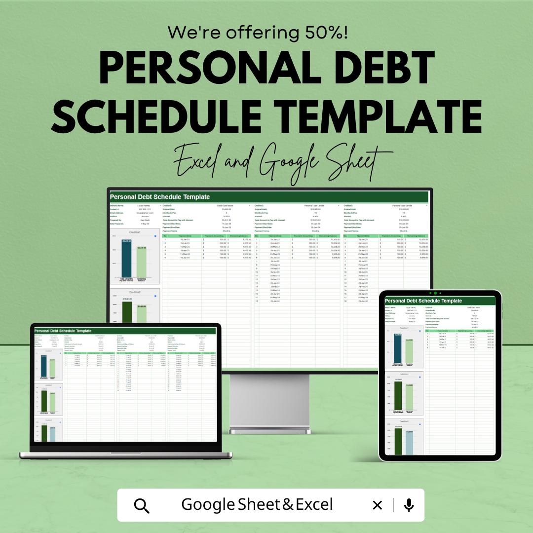 ersonal Debt Schedule Template | Debt Tracker Spreadsheet | Loan Repayment Planner | Excel & Google Sheets Budget Tool