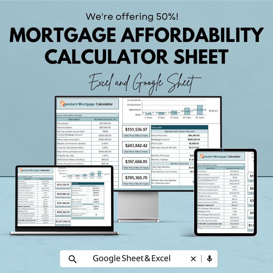 Mortgage Affordability Calculator - Excel & Google Sheets - Loan Payment Calculator - Home Loan Planner - Customizable Mortgage Sheet