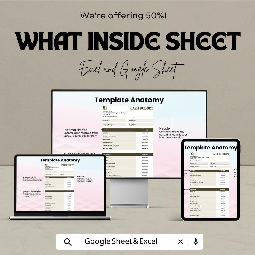 Cash Budget Template | Cash Flow Tracker Spreadsheet | Income and Expense Planner | Financial Tracker | Monthly Budget Sheet