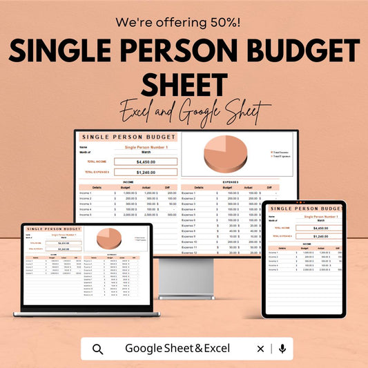 Single Person Budget Sheet | Monthly Budget Tracker | Google Sheets & Excel | Digital Budget Planner | Personal Finance Template