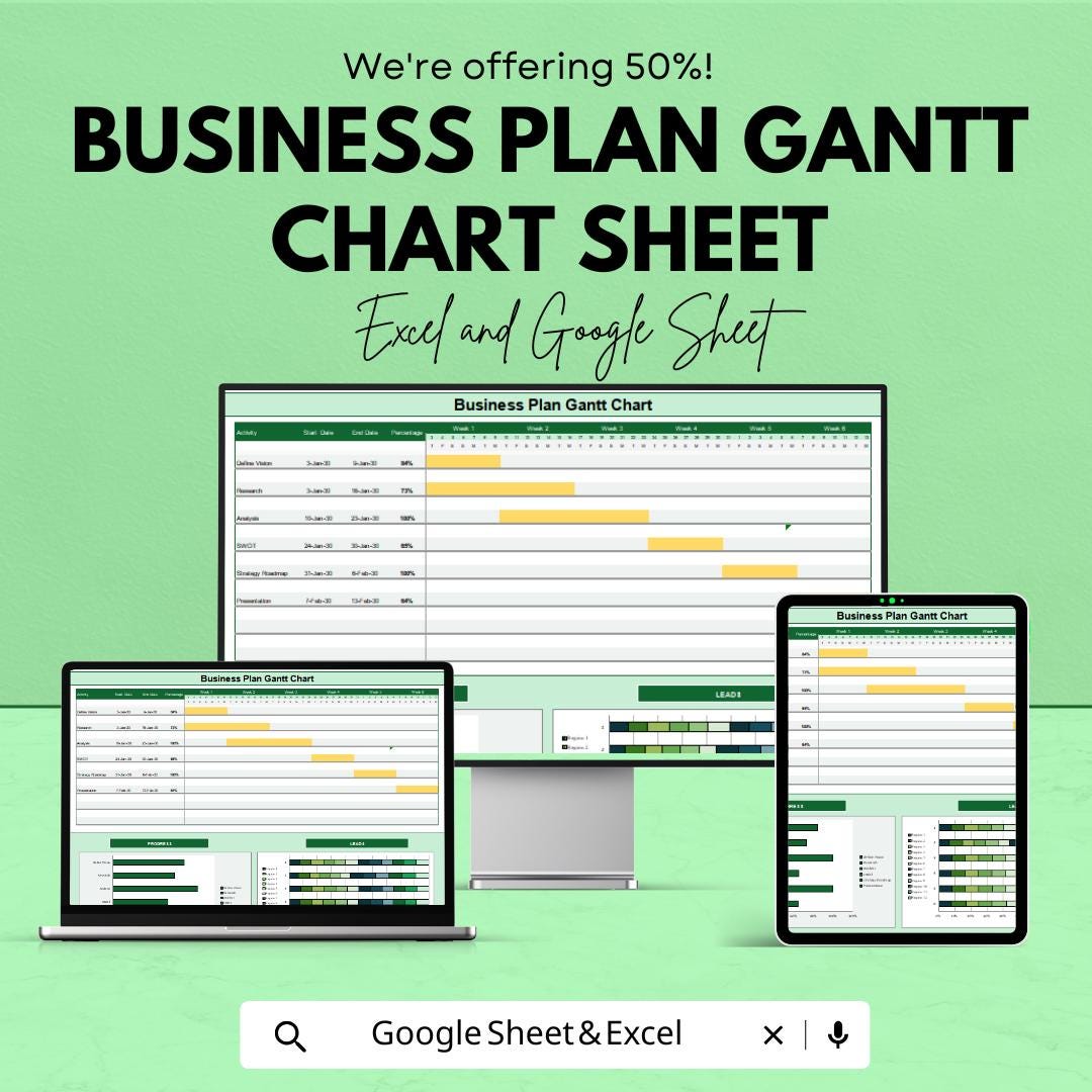 Business Plan Gantt Chart Template | Project Management Tool | Google Sheets | Track Tasks, Timelines & Goals | Customizable Gantt Chart