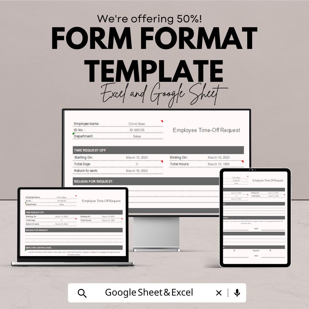 Employee Time-Off Request Form | HR Form Template | Google Sheets & Excel | Editable Work Leave Request | Printable Business Form